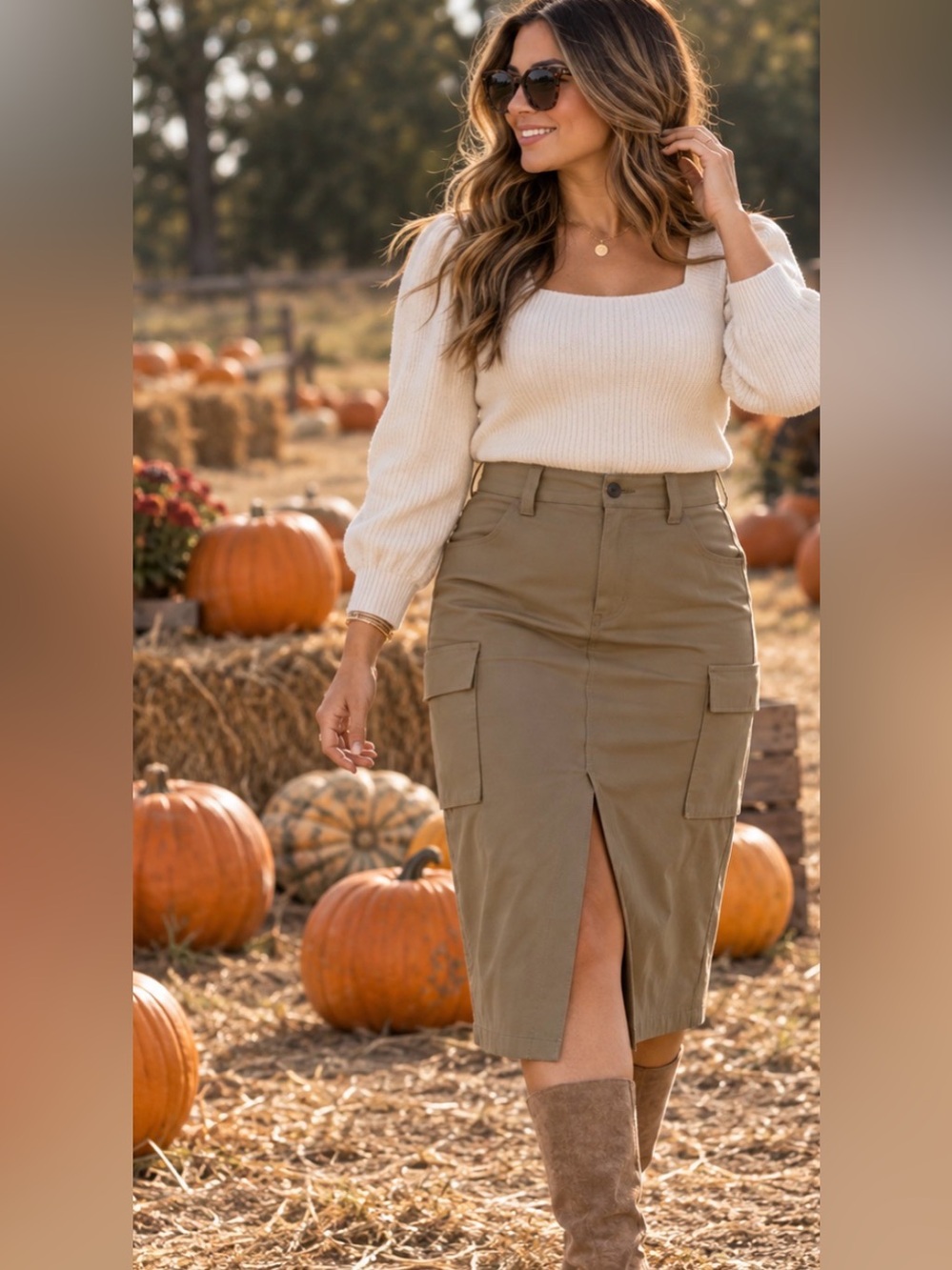 High-Rise Olive Cargo Midi Skirt with Front Slit
